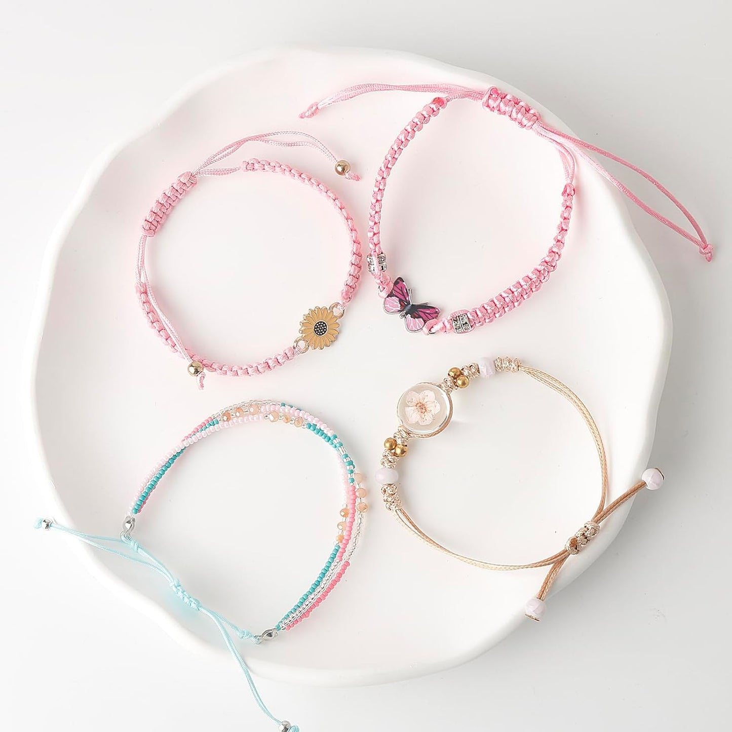 DS 4PCS String beads Charm Bracelets for Teen Girls Dainty cute cartoon Butterfly Daisy Eternal flower Beads Bracelets set for woman and girls Adjustable Stretch bracelet birthday Gift For Friends