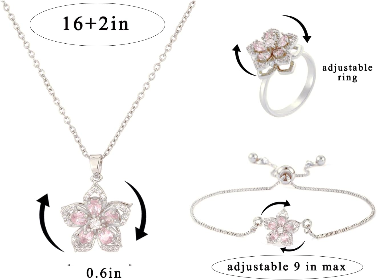 Necklace for Women Gold Flower Fidget Necklace Rotatable Crystal Silver Blossom Pendant Necklaces Adjustable Spinning Fidget Necklaces Redbud Flower Choker Funny Gift Jewelry