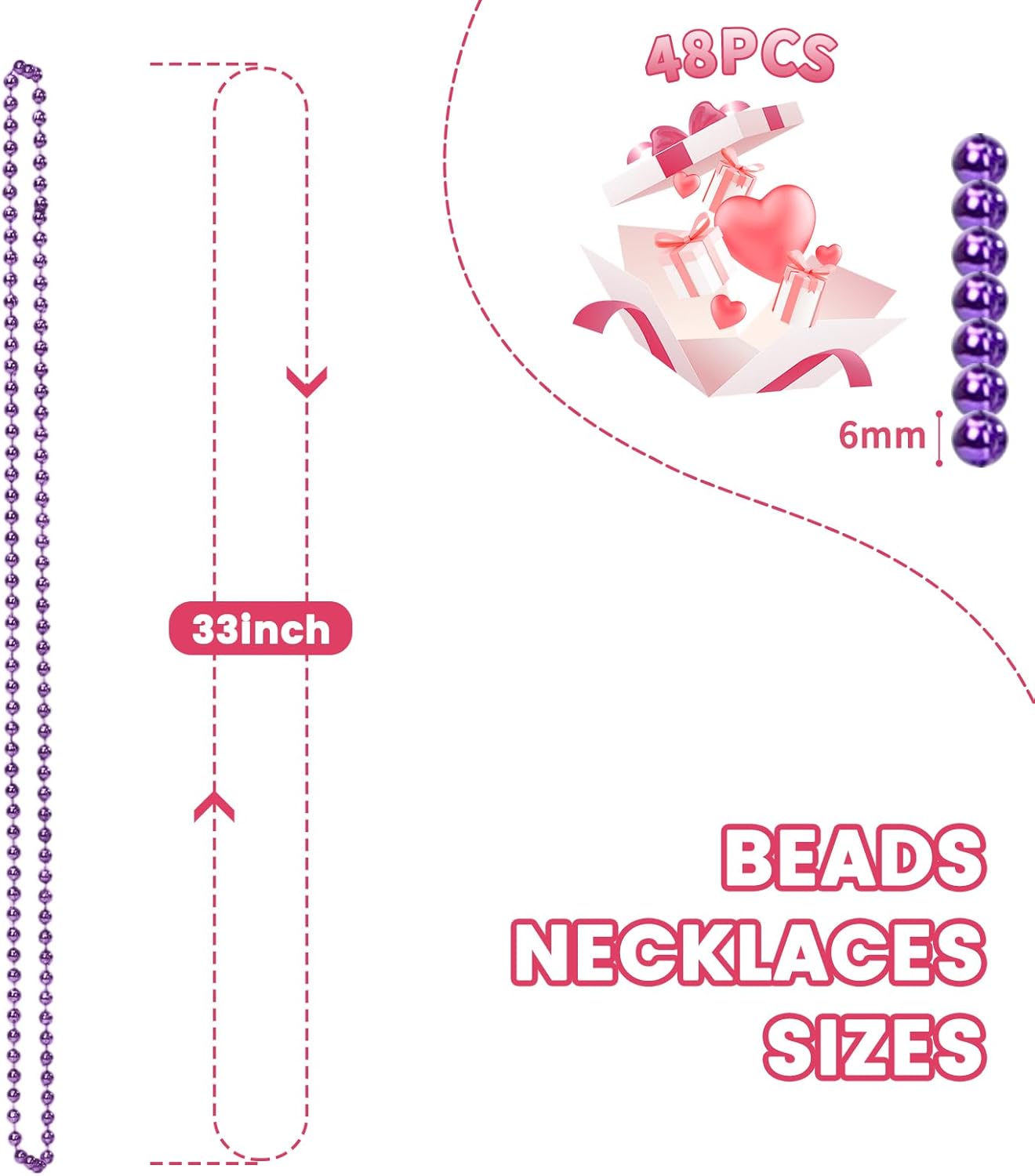 48 Pack Mardi Gras Beads Necklaces, 33 Inch Plastic Beads for Party Favors, Festival Decorations, Parade Throws, Christmas, St. Patrick's Day Celebrations