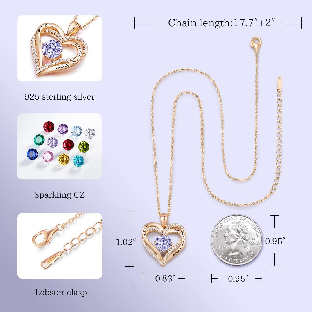 CDE Forever Love Heart Necklaces for Women, Wedding Anniversary, Birthday Mothers Day Christmas Day Gifts for Mom, Mother, Wife, friend, S925 Silver Jewelry with Birthstone Pendant