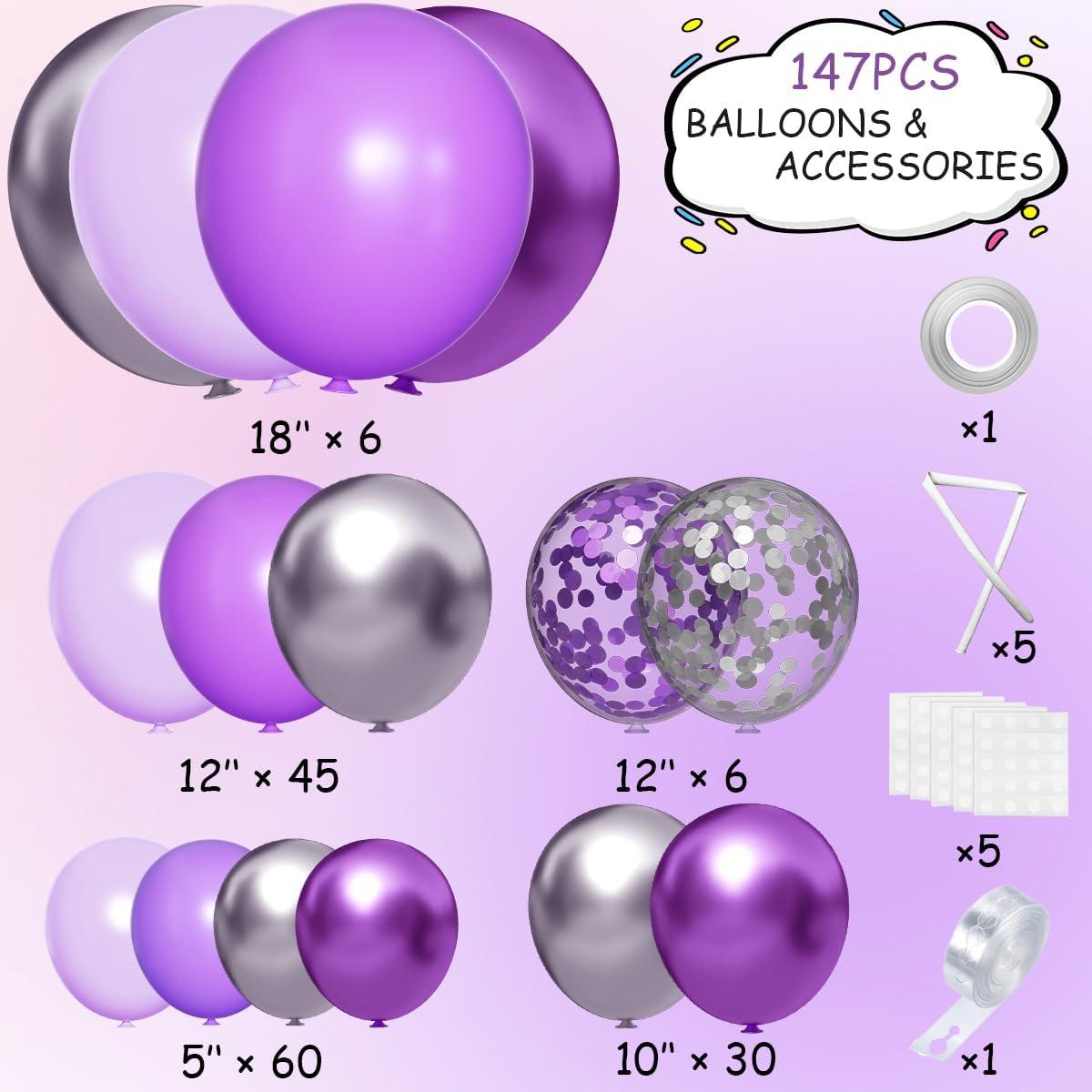 Purple Silver Balloon Arch Kit, 147PCS Pastel Purple Matte Lavender Violet Metallic Lilac Silver Confetti Balloons Garland for Baby Girl Princess Party Birthday