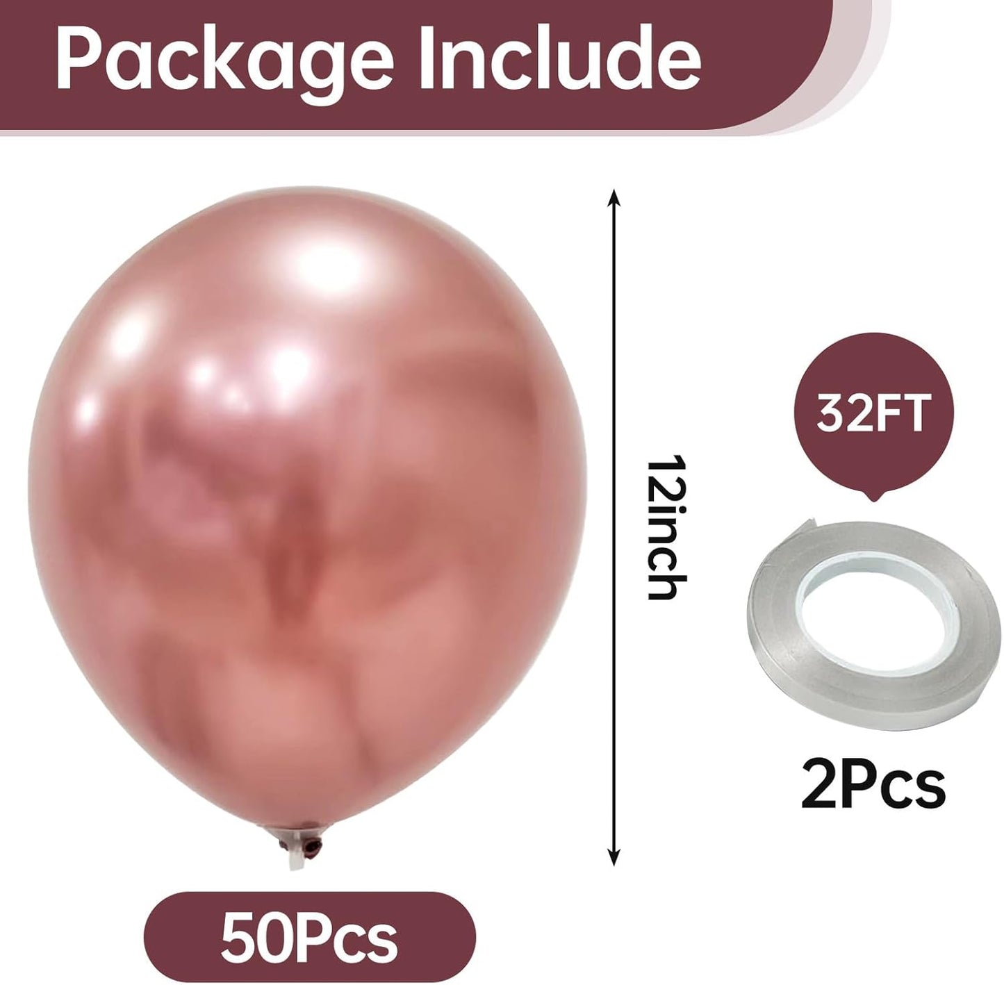 KALOR 12 Inch Metallic Rose Gold Balloons, 50 Pcs Latex Helium Metallic Balloons for Kid's Birthday Party, Baby Shower, Wedding, Graduate Party Decorations