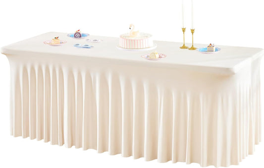 1 Pack Ivory Table Clothes for 8 Foot Rectangle Tables, One-Piece Wrinkle Resistant Stretch Spandex Table Covers with Skirt for Event Banquet Wedding Birthday Party