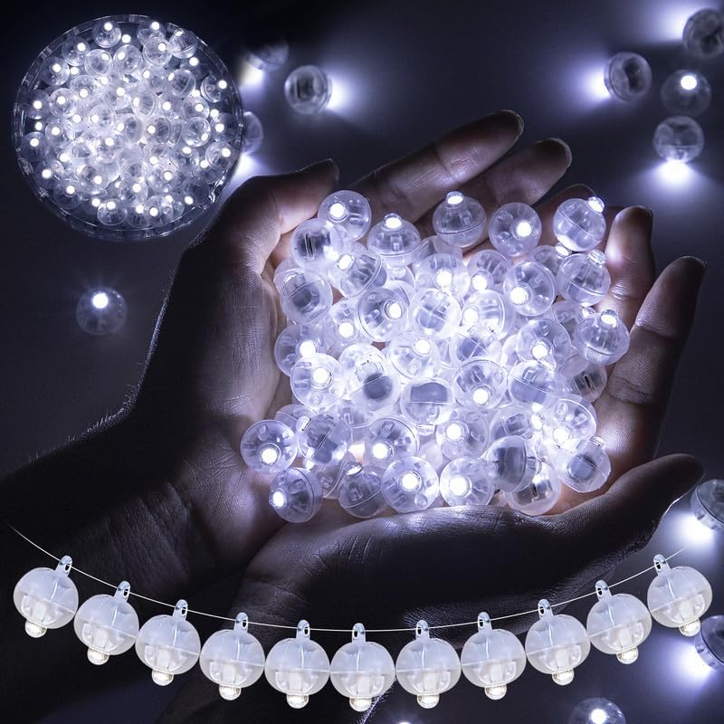 100pcs Mini Led Lights Round Long Standby Time Multicolor Ball Light Paper Lantern Balloons for Birthday Party Christmas Halloween Decoration (Cold White, 100 PCS with Hook)