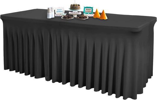1 Pack Black Table Clothes for 6 Foot Rectangle Tables, One-Piece Wrinkle Resistant Stretch Spandex Table Covers with Skirt for Event Banquet Wedding Birthday Party