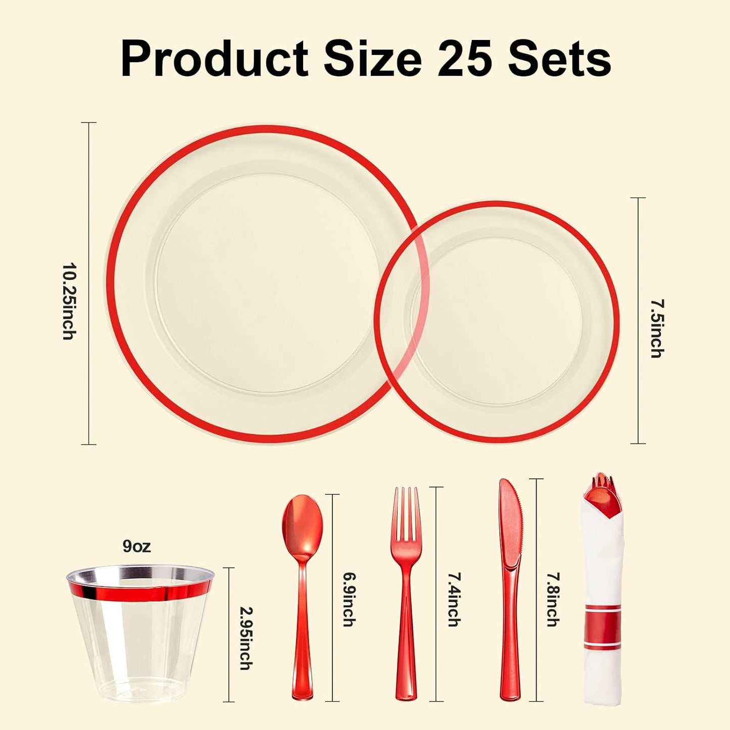 175PCS Clear and Red Disposable Plates Set for 25 Guests, 50 Plastic Plates, 25 Cups, 25 Pre-Rolled Napkins with Plastic Cutlery for Party, Birthday, Thanksgiving, Halloween, Christmas