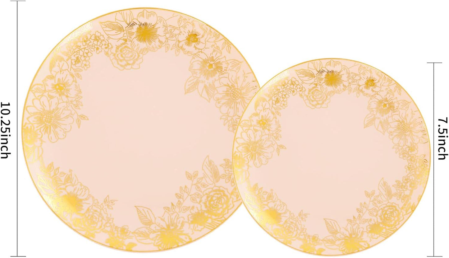 LIYH 60 Pcs Pink and Gold Plastic Plates - Disposable Pink Party Plates, Dessert & Dinner Plate, Baby Shower Bridal Shower Floral Fairy Plate for Birthday Tea Party