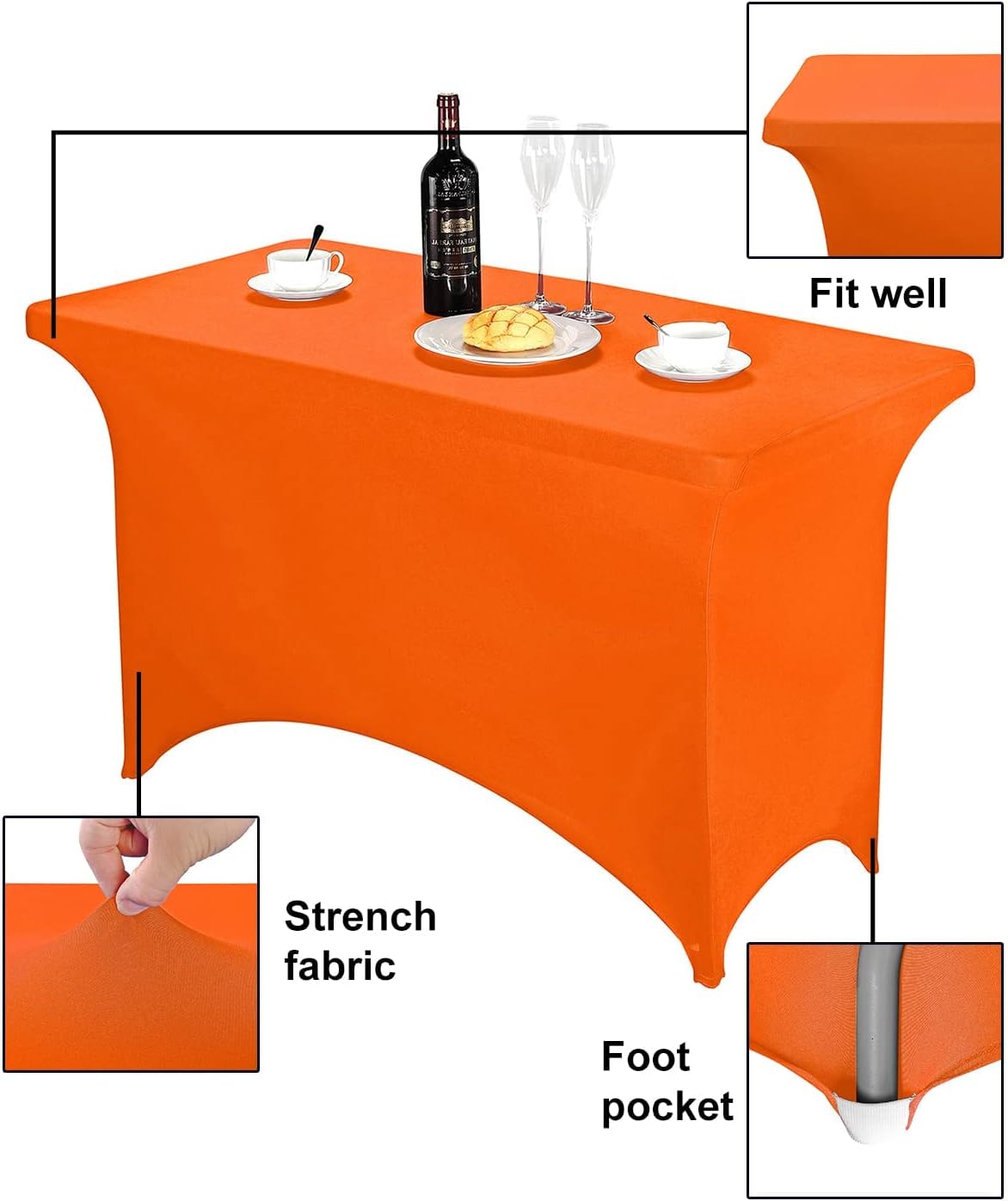 FORLIFE 2Pack Spandex Table Covers，Fitted Tablecloth for Rectangular Tables, Stretch Patio Table Covers, Universal Spandex Table Cover for Wedding, Banquet, Party (4ft, Orange)