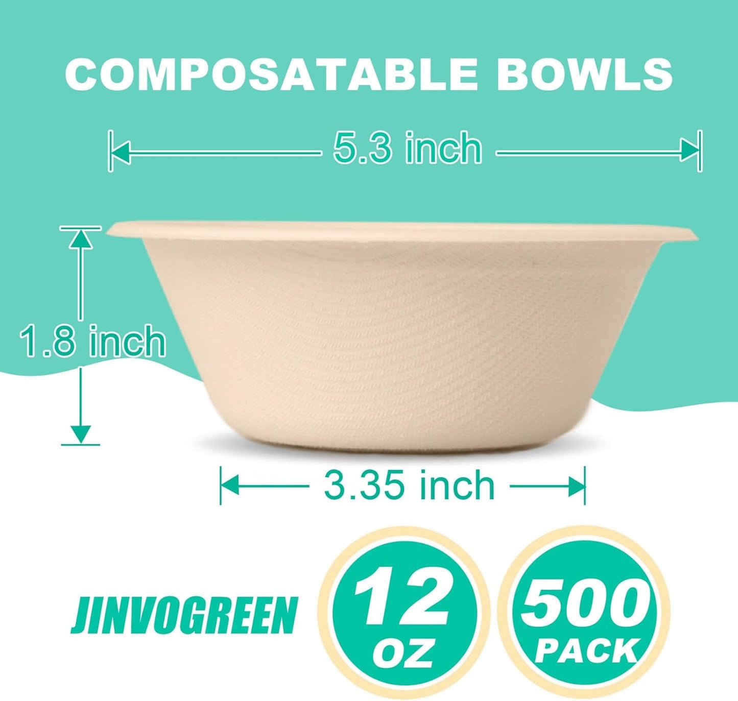 500 Count 12 oz Paper Bowls, Disposable Compostable Bowls Bulk, Heavy Duty Biodegradable Bagasse Bowl for Snacks, Soup, and Salads, Natural