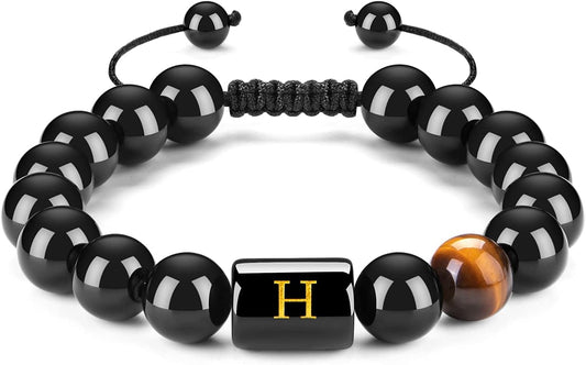 FRG Initials Bracelets for Men Letter Link Handmade Natural Black Onyx Tiger Eye Stone Beads Braided Rope Meaningful Bracelet
