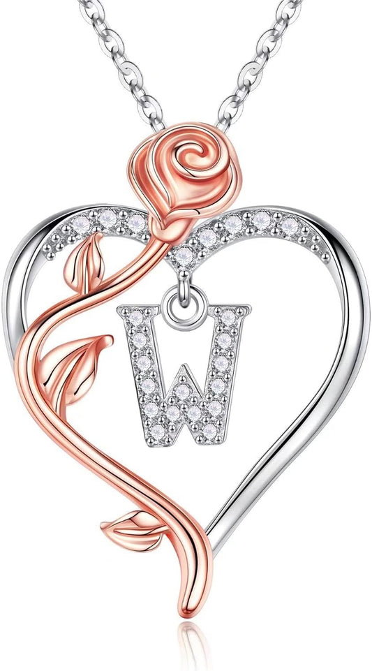 Iefil Christmas Gifts for Women Wife - 925 Sterling Silver Rose Heart Initial Necklace, Anniversary Birthday Gifts for Women, Jewelry Gift for Her Wife Girlfriend Mom Daughter