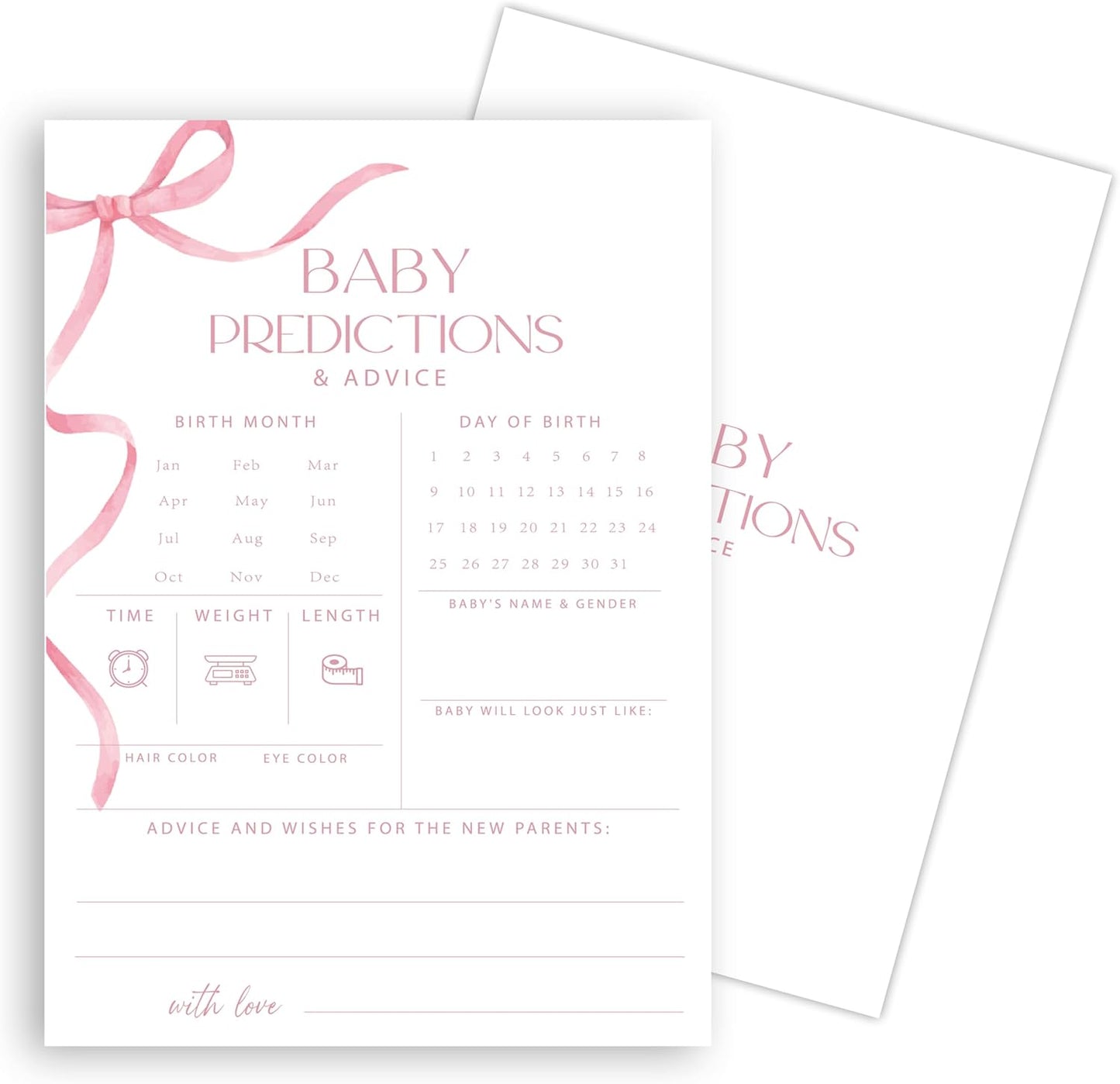 Advice For New Parents Baby Shower, Baby Predictions & Advice Cards For Baby Shower Games Activities, Wishes for Baby, 25 Double-Sided Thick Cards – Pink Bow A05