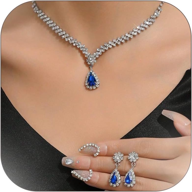 Wedding Jewelry Sets for Brides Rhinestone Necklace and Earring Set Bracelet Ring Gold Silver Prom Jewelry Sets Diamond Flower Teardrop Necklace for Women