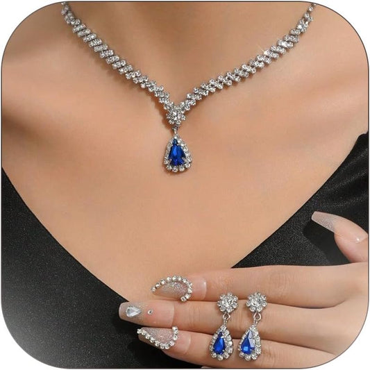 Wedding Jewelry Sets for Brides Rhinestone Necklace and Earring Set Bracelet Ring Gold Silver Prom Jewelry Sets Diamond Flower Teardrop Necklace for Women