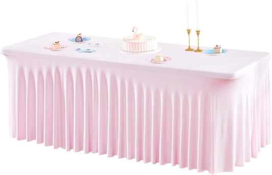 1 Pack Pink Table Clothes for 6 Foot Rectangle Tables, One-Piece Wrinkle Resistant Stretch Spandex Table Covers with Skirt for Event Banquet Wedding Birthday Party