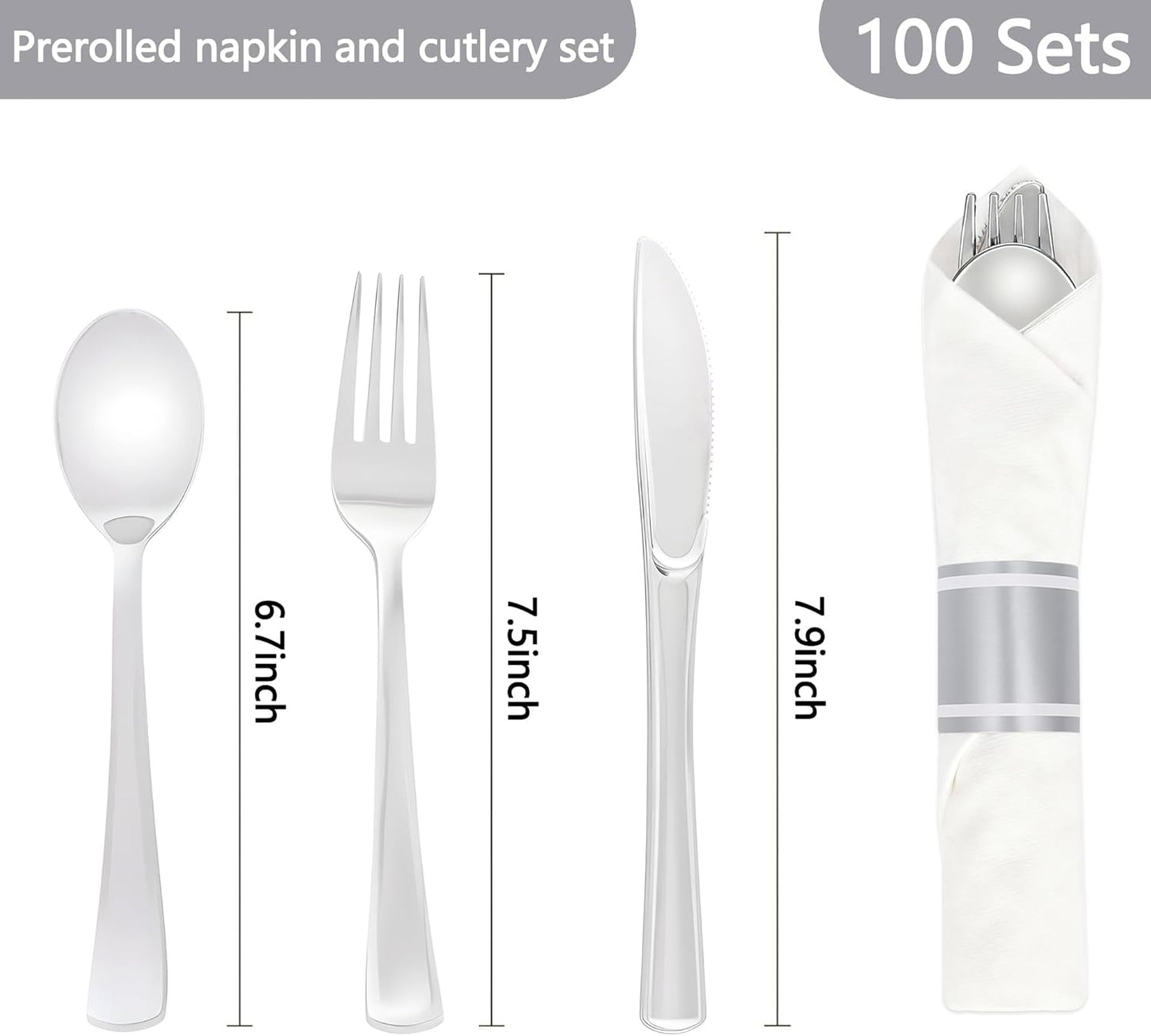 100 Pack Pre Rolled Silver Plastic Silverware Set,Wrapped Plastic Cutlery Set with Napkin Include 100 Forks,100 Spoons,100 Knives and 100 White Napkins for Party, Wedding,showers