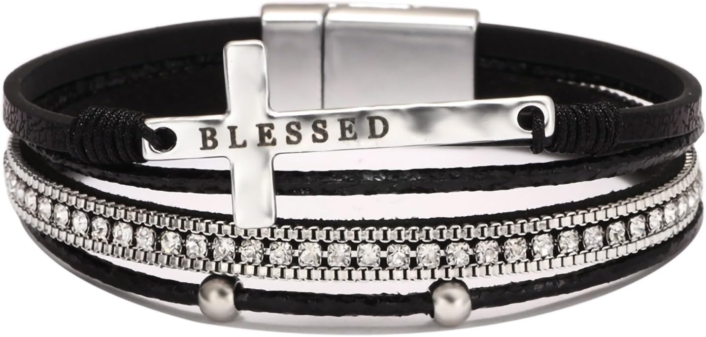 Fesciory Leopard Bracelet for Women, Boho Leather Wrap Multi-Layer Pearl Crystal Bracelet Bangle Jewelry