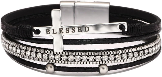 Fesciory Leopard Bracelet for Women, Boho Leather Wrap Multi-Layer Pearl Crystal Bracelet Bangle Jewelry