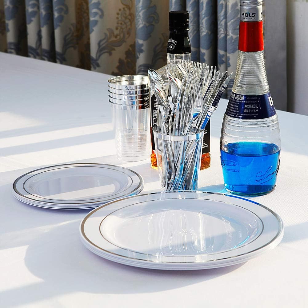 I00000 102pcs Silver Plastic Plates, Disposable Plastic Party Plates with White Silver Rim Fancy Wedding Party Plates Include 51 Dinner Plates 10.25" and 51 Dessert Appetizer Plates 7.5"
