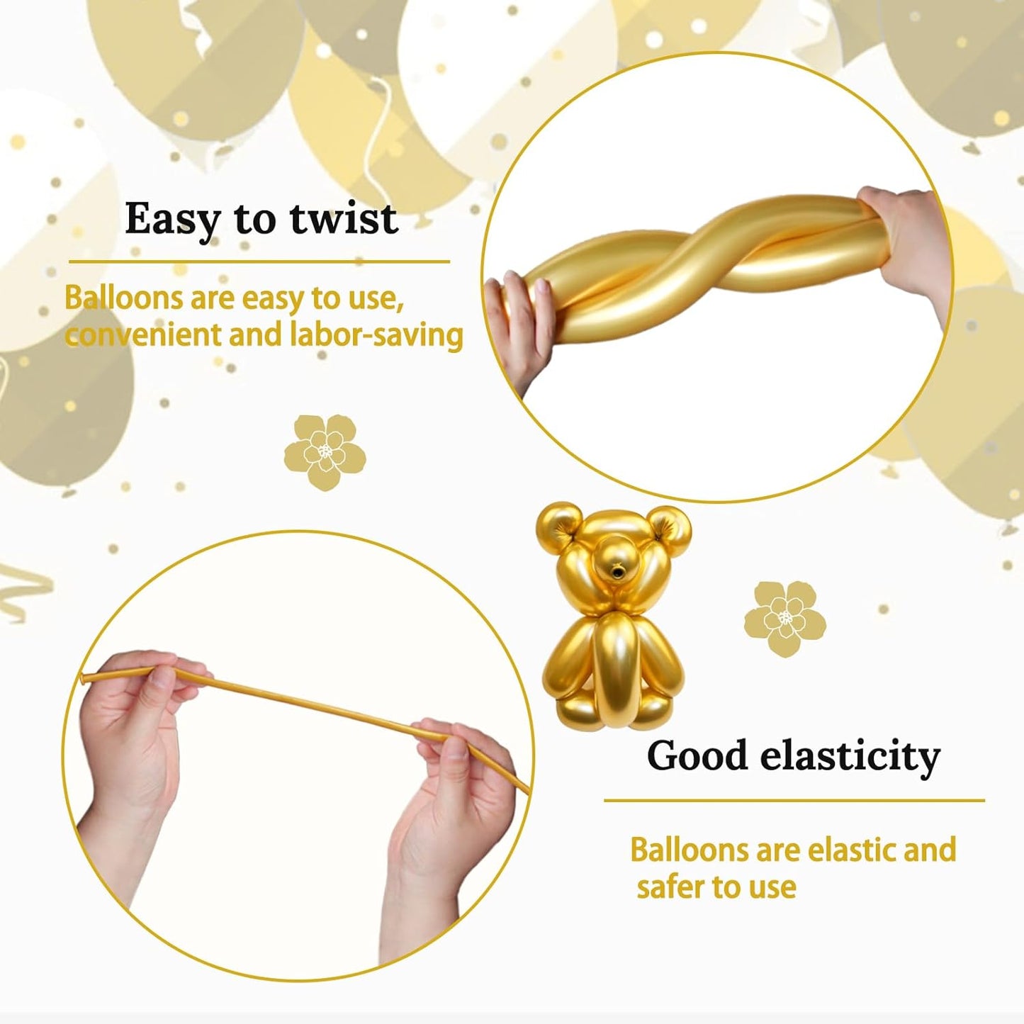 KAWKALSH 260 Metallic Gold Long Balloons for Balloon Garland Thickening Skinny Latex Twisting Animals Modeling Christmas Birthday Wedding Party Festival Decorations 100pcs