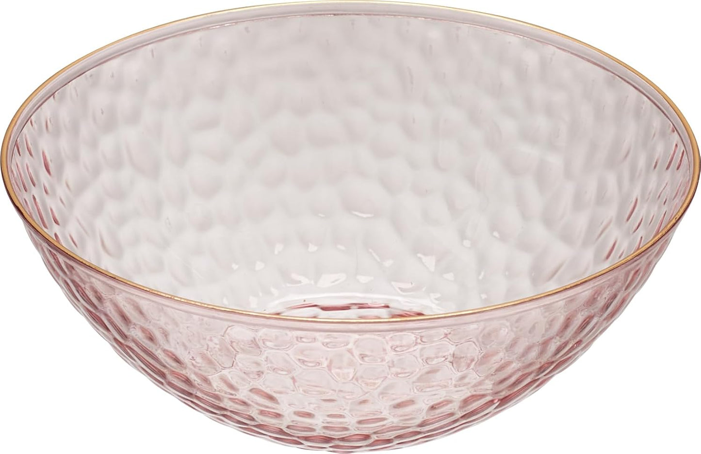 PLASTICPRO 30 Pack 12 Ounce Hammered Plastic Bowls Translucent Pink with Gold Rim Heavyweight Disposable Plastic Soup Bowls Elegant Translucent Hammered Gold Rim Platsic Party Dishes