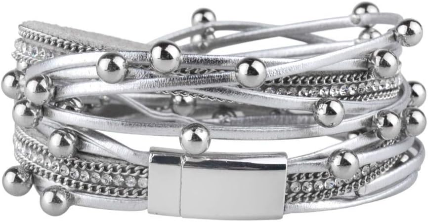 Fesciory Leather Wrap Bracelets for Women, Boho Leopard Multi-Layer Crystal Beads Cuff Bracelet Jewelry