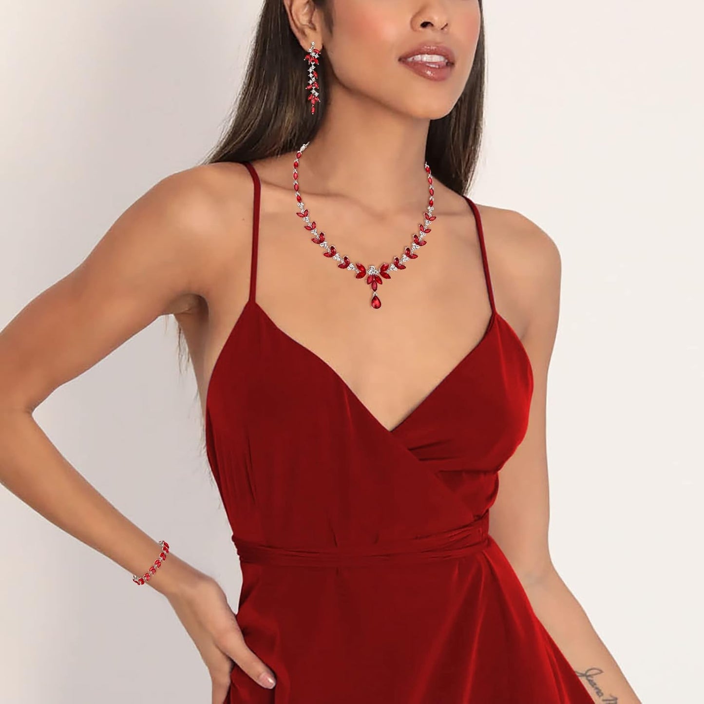 EVER FAITH Austrian Crystal Bridal Bridesmaid Jewelry Sets, Elegant Marquise Rhinestone Leaf Necklace Dangle Earrings Tennis Bracelet Set for Women