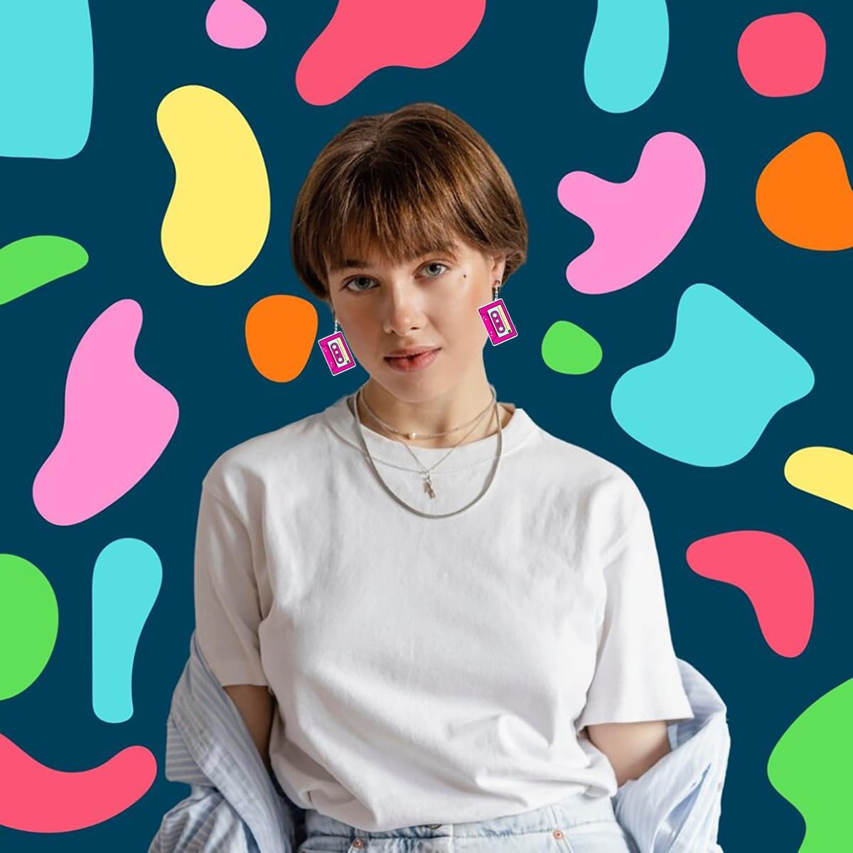 80s 90s Retro Cassette Tape Neon Earrings for Women Acrylic Radio Earring Set for 80s 90s Accessories Cosplay Party Jewelry Gifts