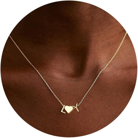 Turandoss Heart Initial Necklace for Women Teen Girls, 14K-Gold-Plated Dainty Letter A-Z Initial Necklace with Heart, Personalized Jewelry Birthday Gifts for Women