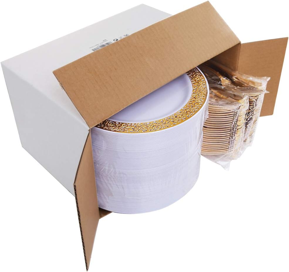 WDF 100pcs Gold Dessert Plates 7.5" with 100 Pieces Disposable Forks 7.4", Lace Design Fancy Appetizer Small Salad and Cake Plates for Thanksgiving Party/Weeding