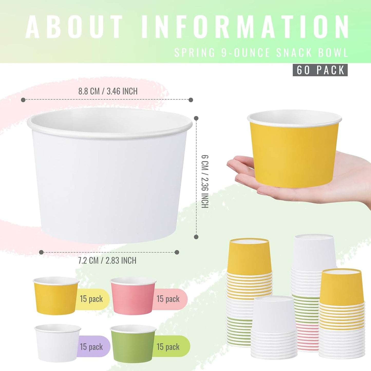 Paper Ice Cream Cups 9oz Colored Disposable Dessert Bowls for Hot or Cold Food Party Cups for Birthday Baby Shower Easter Party Supplies(Pink and Sage Green,60 Pcs)