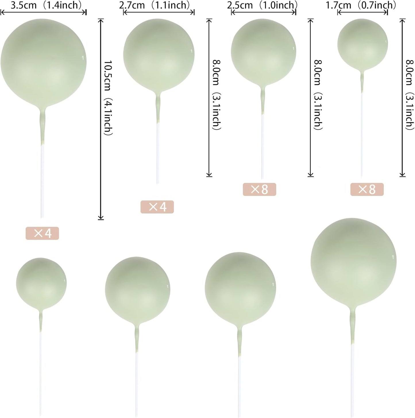 24 PCS Ball Cake Toppers Balls Cupcake Toppers Insert Foam Ball Shaped Cake Picks Mini Balloon Cake Decoration for Wedding Baby Shower Birthday Party Cake Decorations Supplies Matcha Green