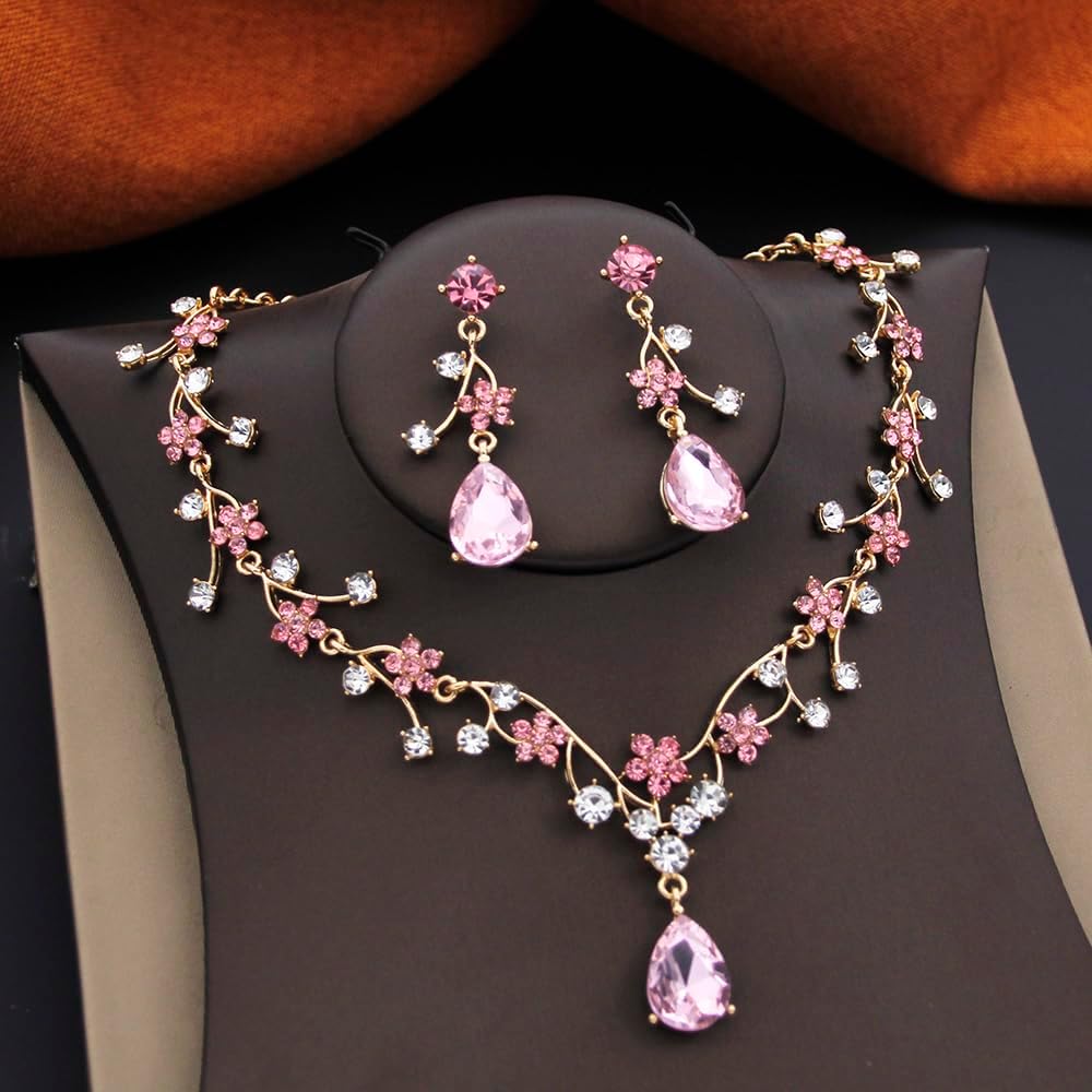Jewelry Sets for Women Wedding Flower Necklace and Dangle Earrings Gold-Plated Rhinestones Teardrop Pendants Necklace Set for Bridal Party Accessories