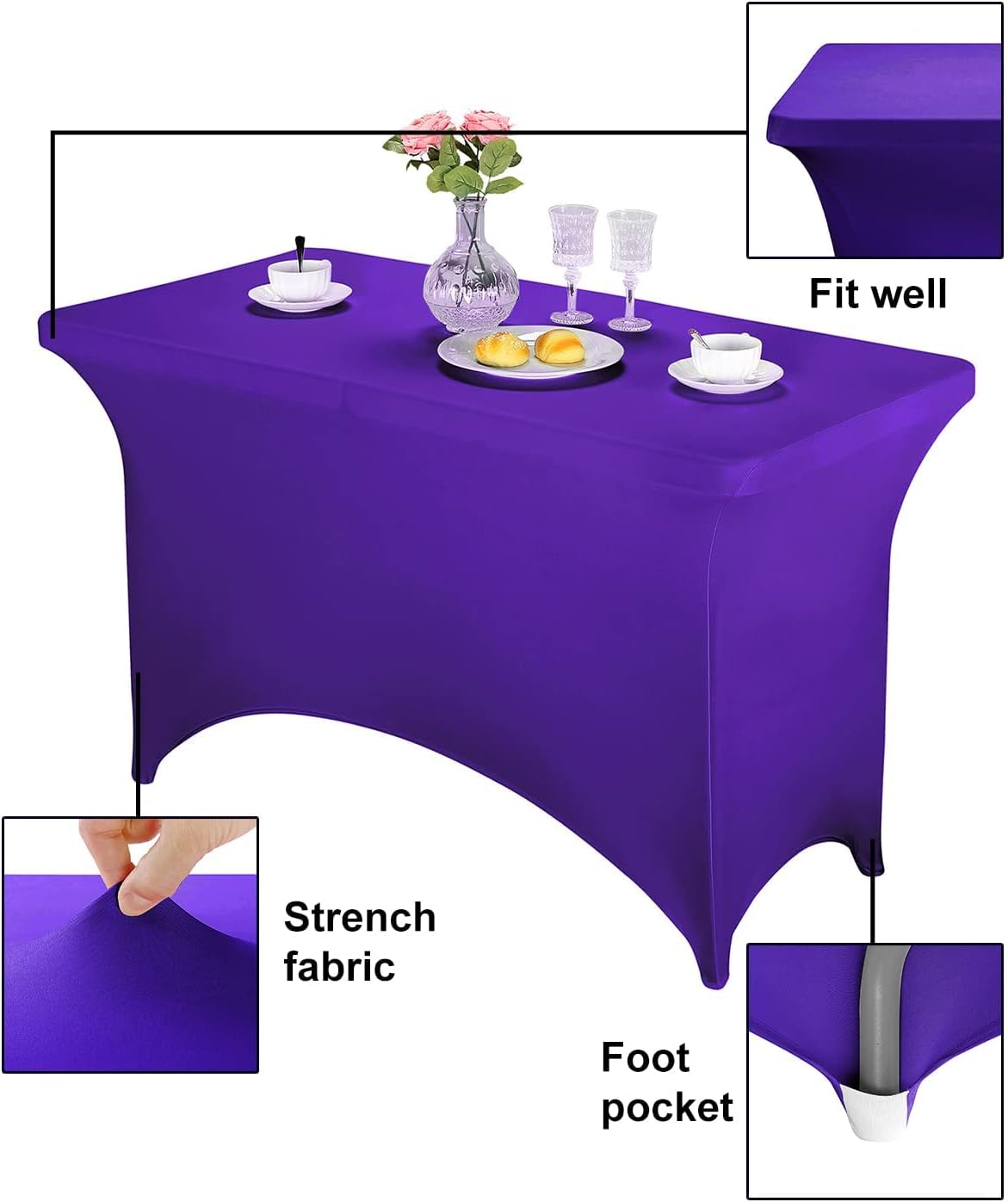 FORLIFE 2Pack Spandex Table Covers，Fitted Tablecloth for Rectangular Tables, Stretch Patio Table Covers, Universal Spandex Table Cover for Wedding, Banquet, Party (4ft, Purple)