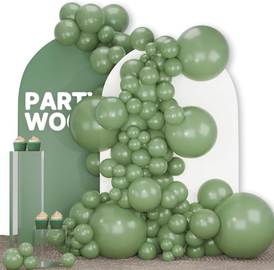 PartyWoo Sage Green Balloons 140pcs Different Sizes Pack of 18 12 10 5 Inch Olive Eucalyptus Dusty Green Boho Neutral Balloon Arch Kit for Jungle Forest Dinosaur Birthday Party Decorations Green-F81