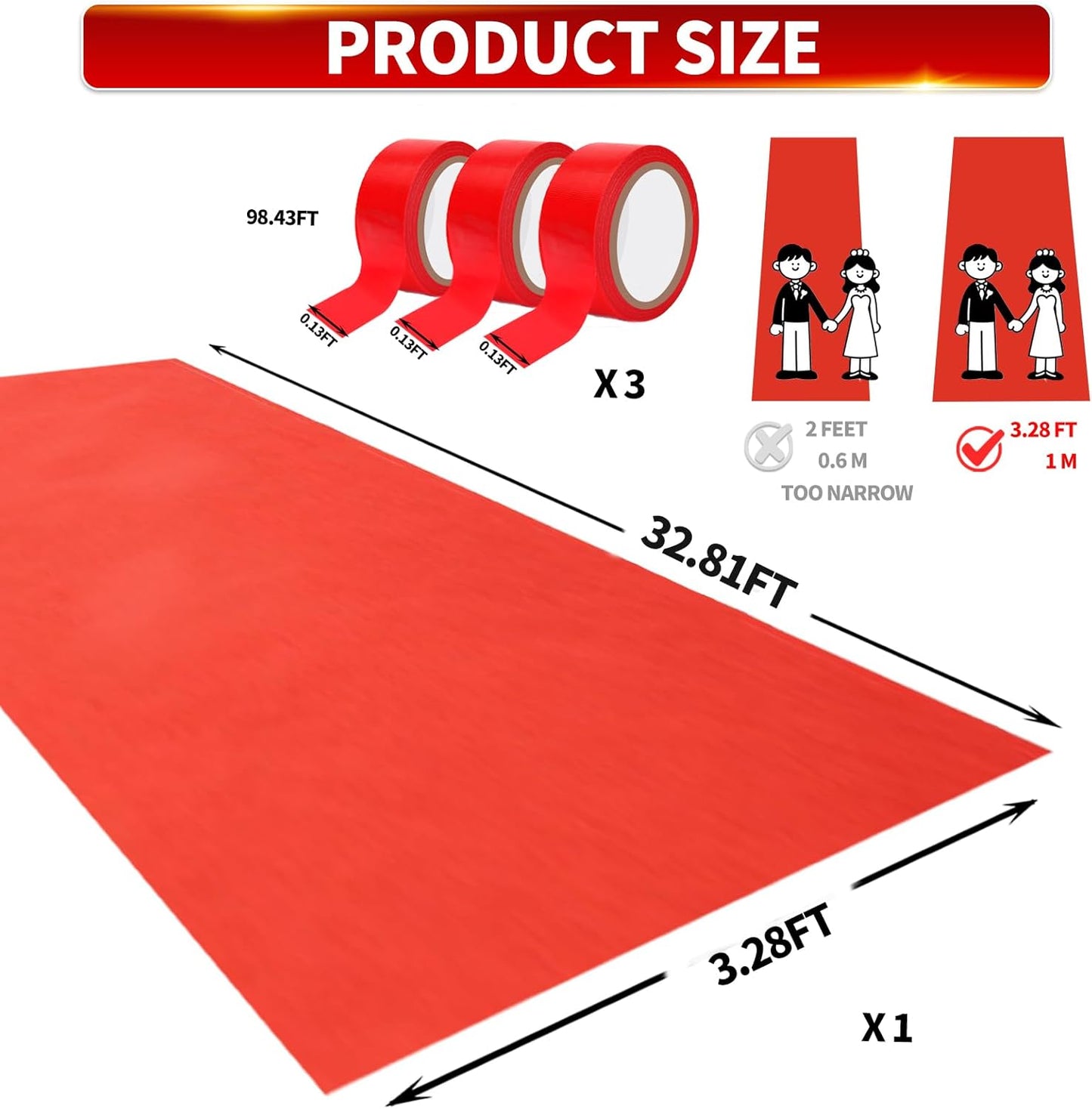 TEEMO 1 Pcs Red Carpet Runner for Party Red Aisle Runway Rug with 3 Rolls Tape Hallway Rug Carpet Runner Alfombra Roja for Wedding Birthday Awards Night Theme Supplies (39.4 x 393.7 inch)