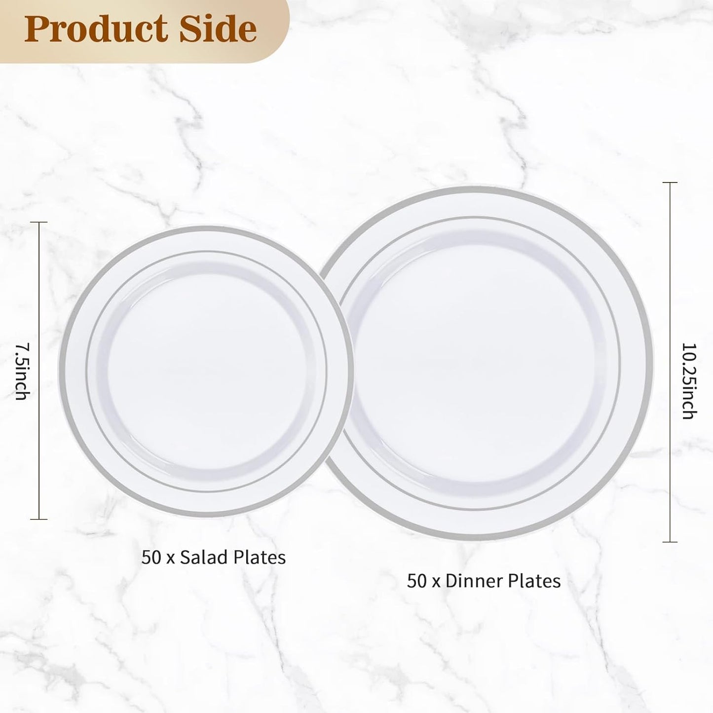 100PCS Silver Plastic Plates, Disposable Party Plates with 50 Dinner Plate and 50 Dessert Plate for Party, Wedding and Birthday