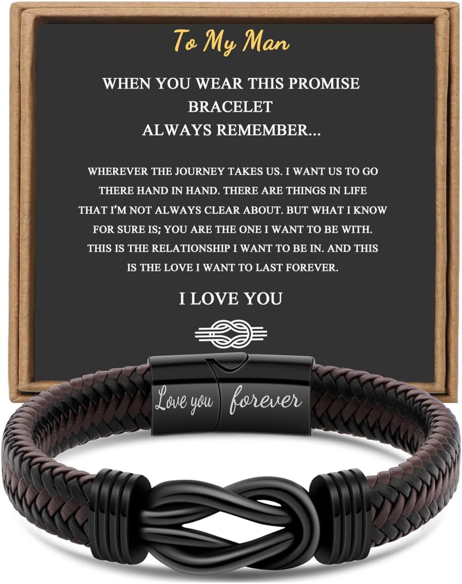Gift for Men Infinity Bracelet for Men Dad Husband Boyfriend Son Grandson Brother Nephew Uncle Brown Braided Leather Forever Linked Together Stainless Steel Engraved with Love You Forever Jewelry 7.5|8.5|9 Inches
