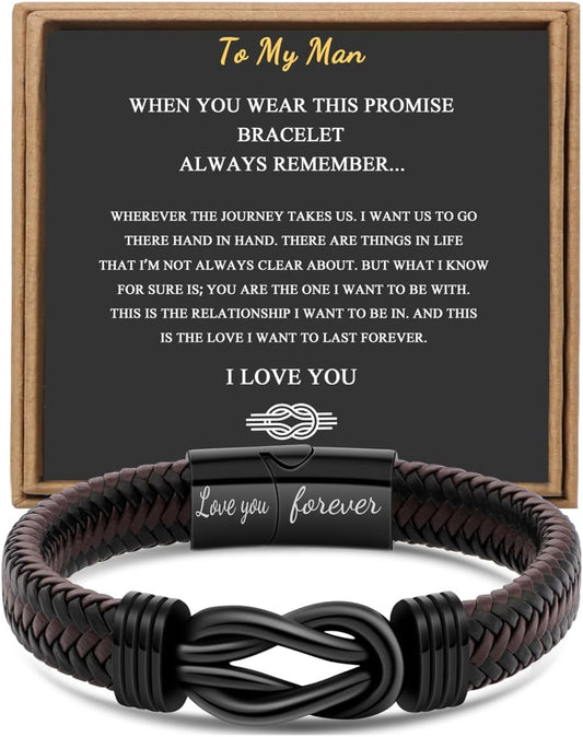 Gift for Men Infinity Bracelet for Men Dad Husband Boyfriend Son Grandson Brother Nephew Uncle Brown Braided Leather Forever Linked Together Stainless Steel Engraved with Love You Forever Jewelry 7.5|8.5|9 Inches