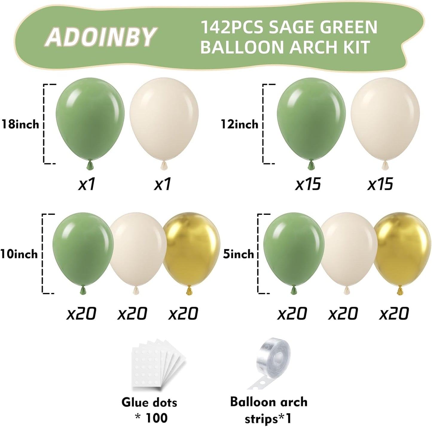 Sage Green Balloon Arch Kit, 142PCS Sage Green White Sand Gold Balloon Garland kit, 18 12 10 5 Inch Different Size Balloons for Baby Shower Bridal Shower Birthday Engagement Wild One Party Decorations