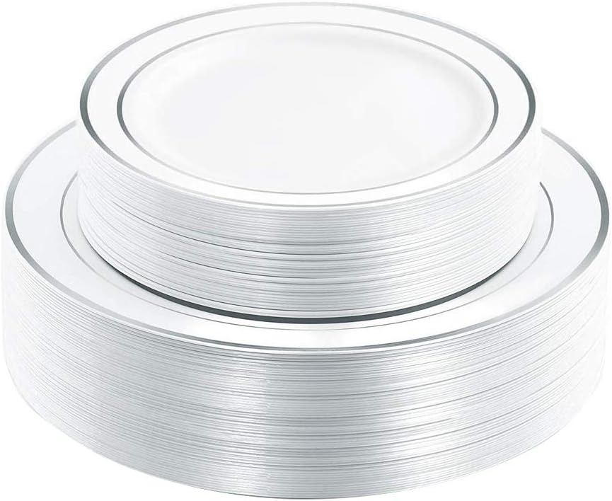 I00000 60pcs Silver Plastic Plates, Disposable Plastic Party Plates with White Silver Rim Heavy Duty Fancy Wedding Party Plates Include 30 Dinner Plates 10.25" and 30 Dessert Appetizer Plates 7.5"