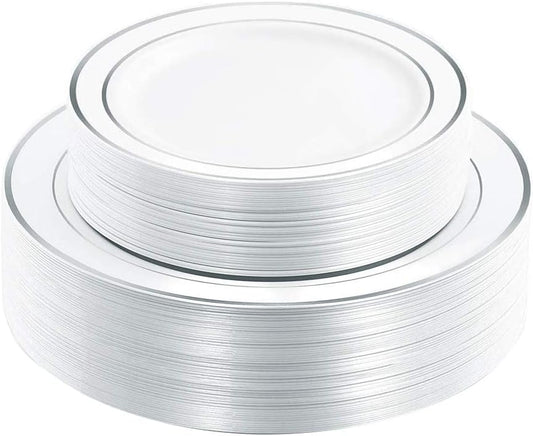 I00000 60pcs Silver Plastic Plates, Disposable Plastic Party Plates with White Silver Rim Heavy Duty Fancy Wedding Party Plates Include 30 Dinner Plates 10.25" and 30 Dessert Appetizer Plates 7.5"