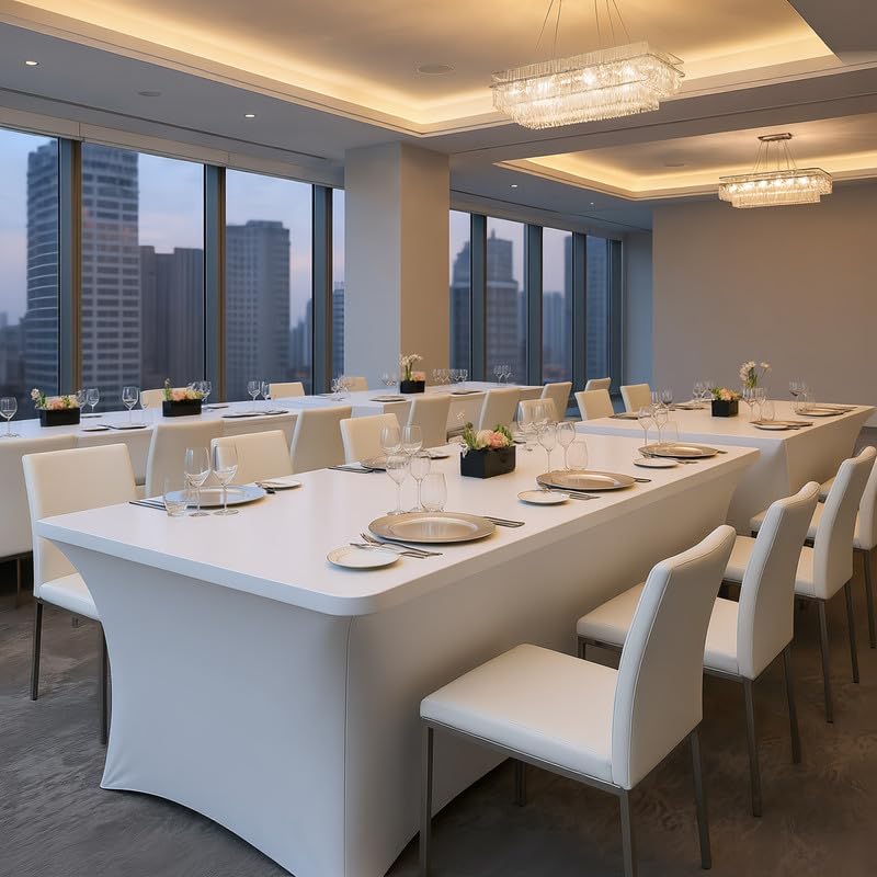 10 Pack 8FT Rectangular Spandex Tablecloth,Wrinkle Resistant Fitted Cover for 96x30 inch Banquet Table Cloth, Washable Stretch Fabric for Party, Events, Wedding, Vendor - White