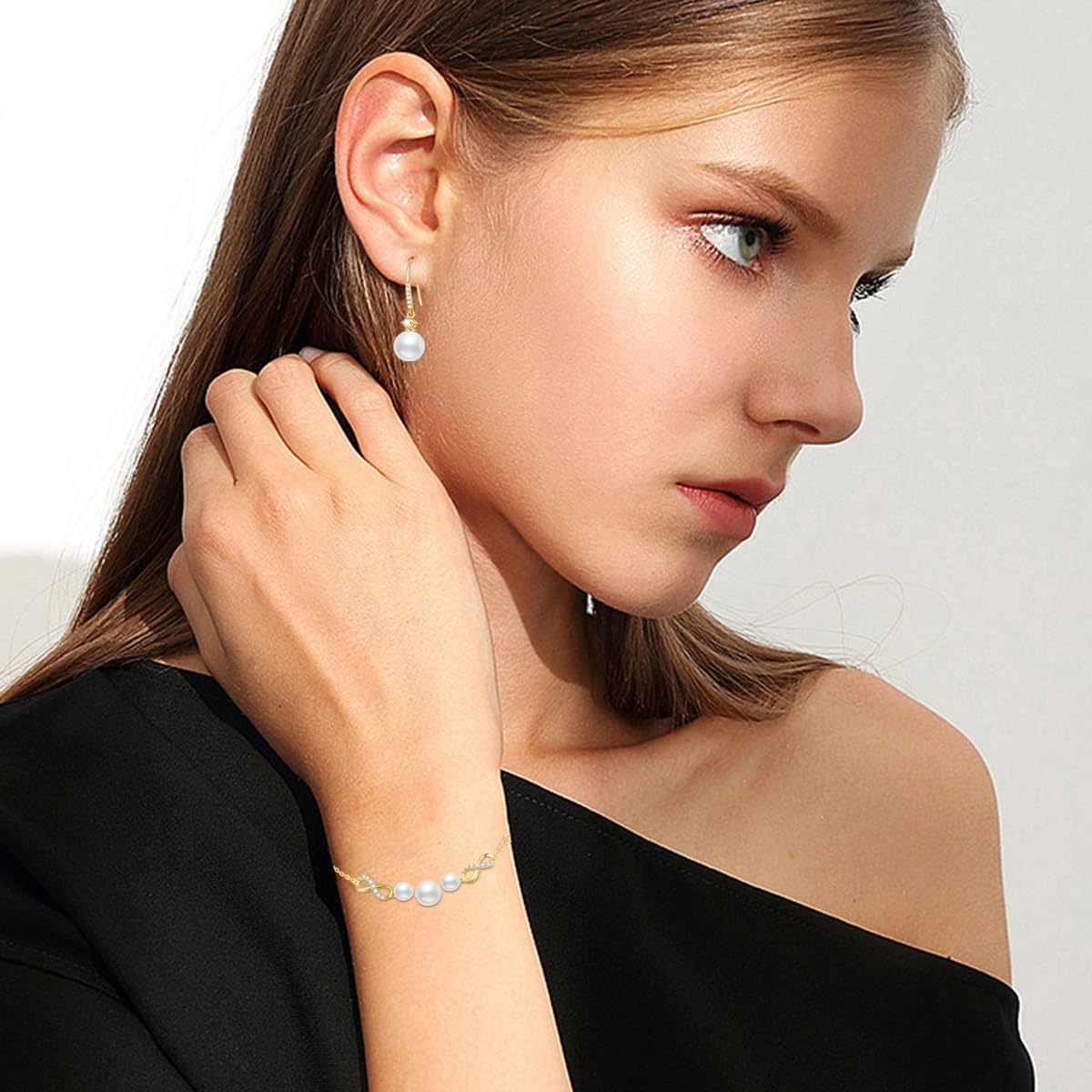 SISGEM 10K Gold Pearl Dangle Earrings and 14k Gold Pearl Pendant Necklace Set, Jewelry for Women