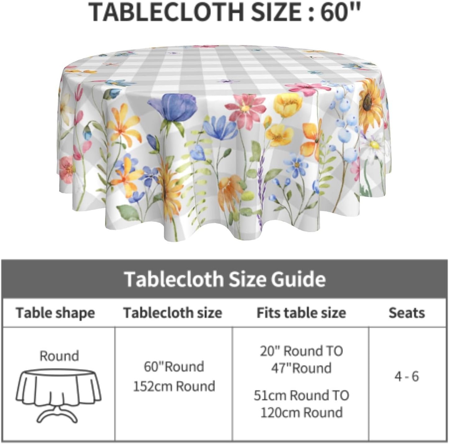 Giwawa Spring Floral Tablecloth Round 60 Inch Watercolor Summer Flower Table Cover with Grey Buffalo Plaids Wildflower Butterfly Table Cloth Polyester Heat Resistance for Kitchen Dining Camping Decor