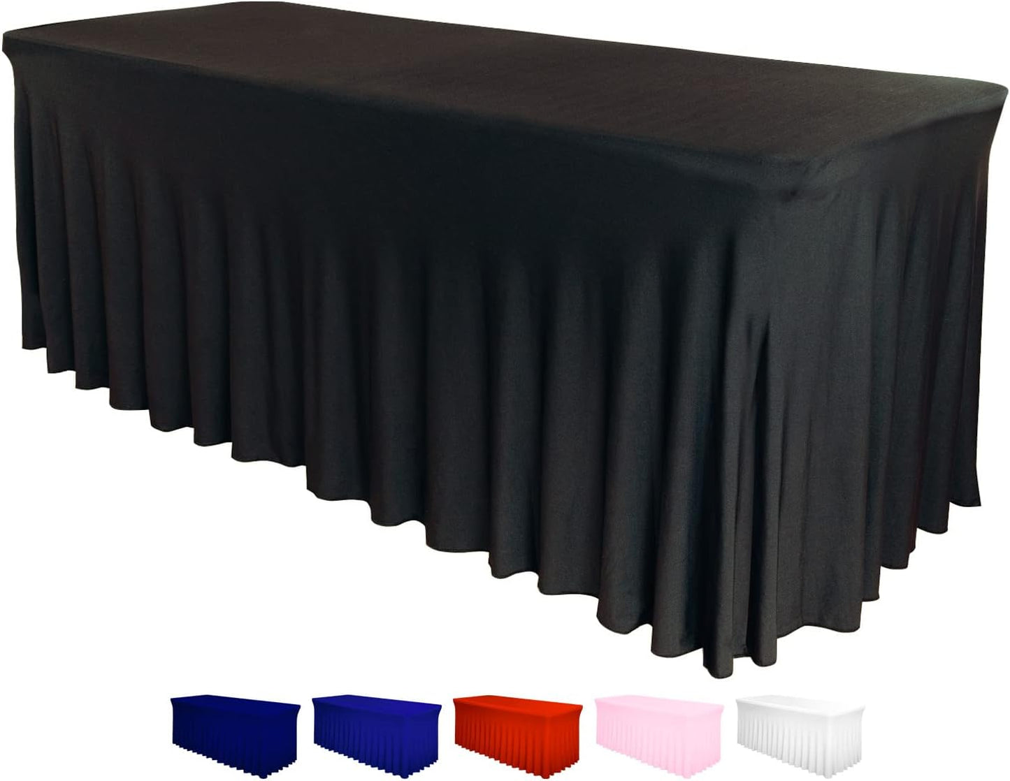 Table Skirt for Rectangular Tables 6ft - Spandex TableCovers for Standard 6 Foot Table - One Piece Fitted Elastic Tablecloth - Wrinkle Resistant Ruffles Design for Weddings, Party, Events (Black)