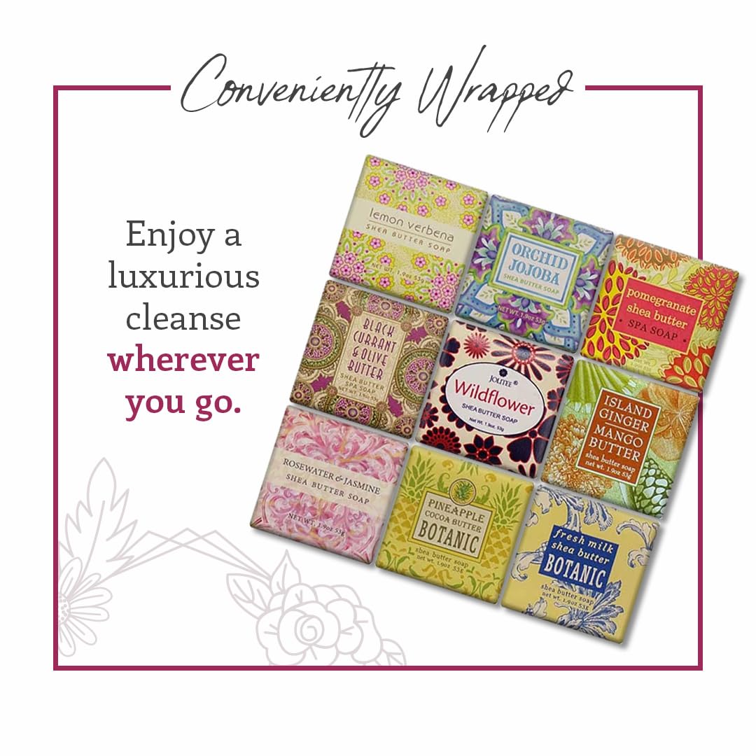 Jolitee French Milled Botanical Soap Sampler Set of 9 - Individually Wrapped Vegetable-Based Mini Soaps with Essential Oils, Shea Butter, and Natural Extracts (Floral Favorites - White Box)