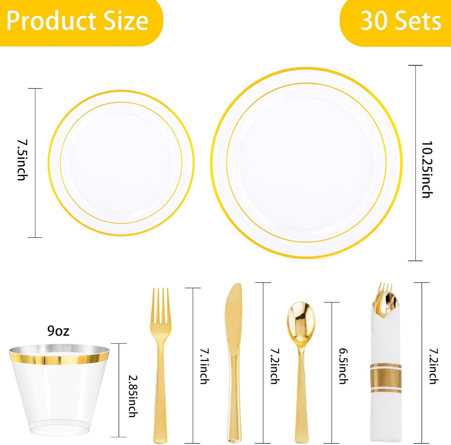 DaYammi 210PCS Clear Gold Plastic Dinnerware Set Thanksgiving Plates Disposable Fancy Platos for Party Include: 30 Dinner Plates, 30 Dessert Plates, 30 Pre Rolled Napkins with Gold Silverware, 30 Cups