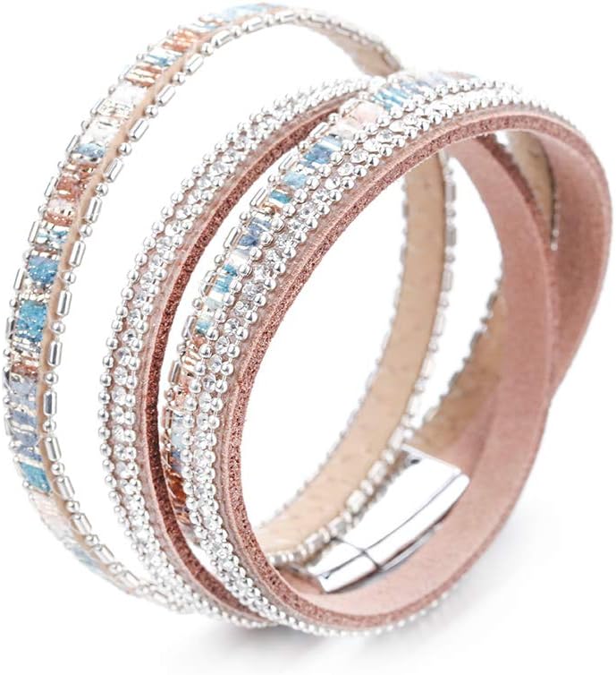 Fesciory Leather Wrap Bracelets for Women, Boho Leopard Multi-Layer Crystal Beads Cuff Bracelet Jewelry