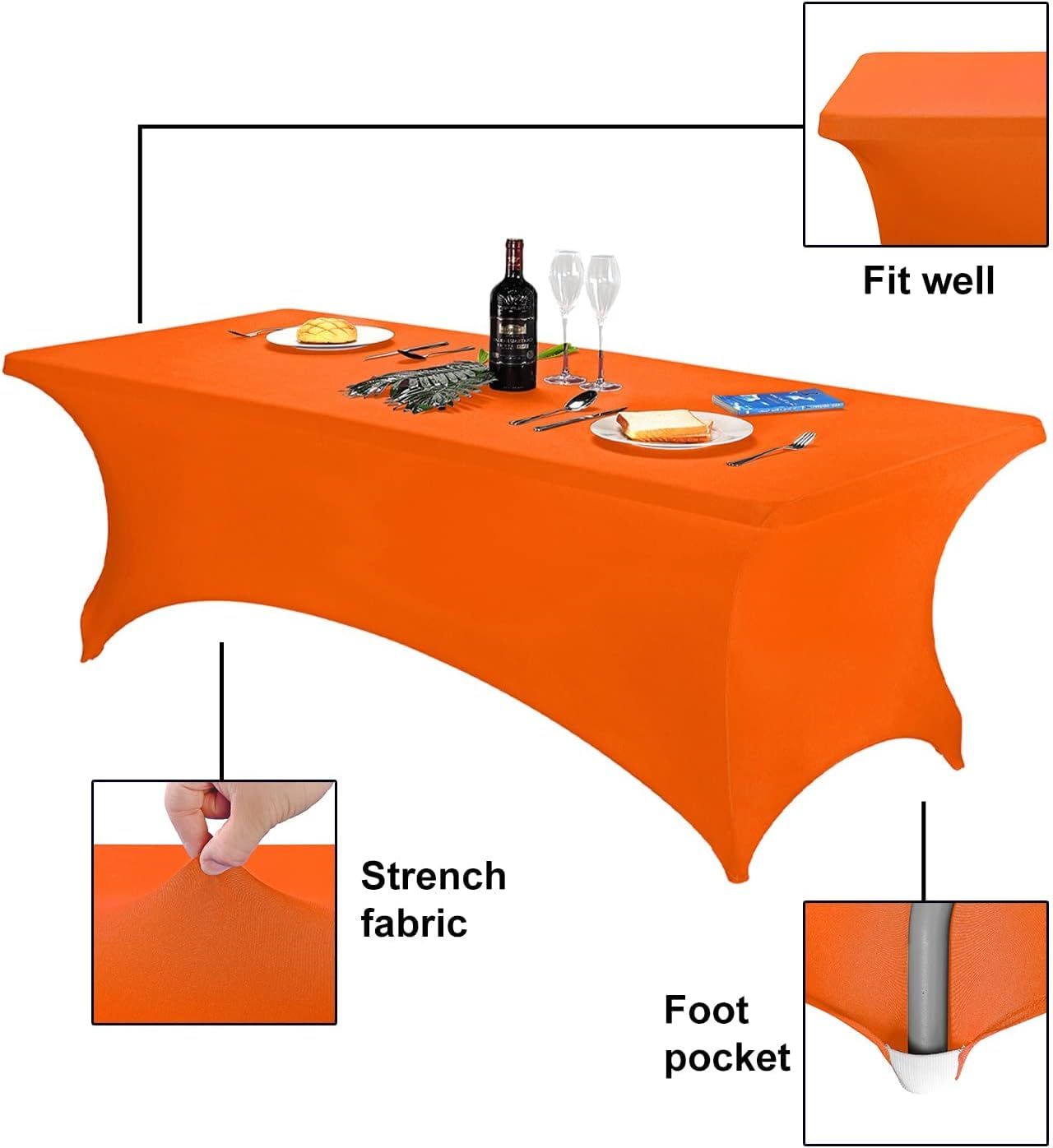 FORLIFE 2Pack Spandex Table Covers，Fitted Tablecloth for Rectangular Tables, Stretch Patio Table Covers, Universal Spandex Table Cover for Wedding, Banquet, Party (8ft, Orange)